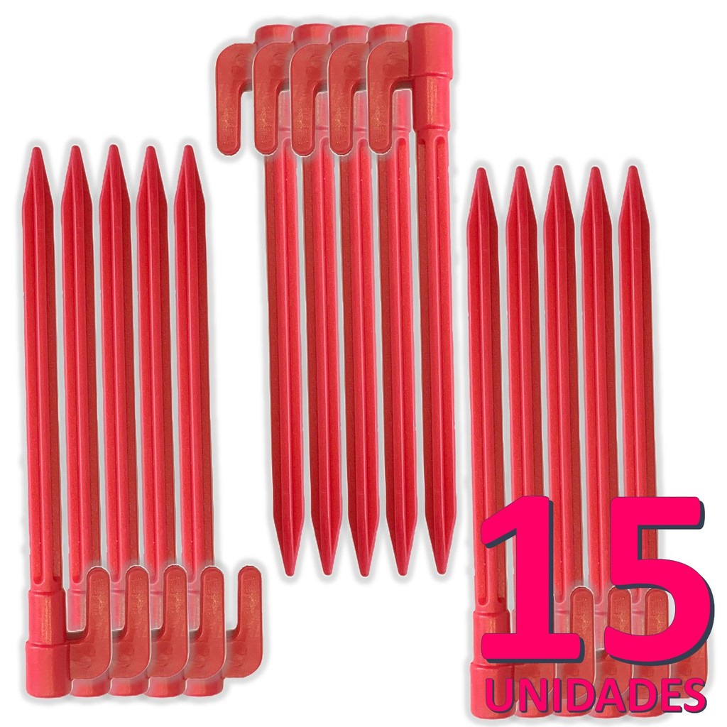 Kit 15 Estacas Pequena 14,5cm Vermelha P/ Rede Beach Tennis Camping Gazebo Areia Grama Fixador