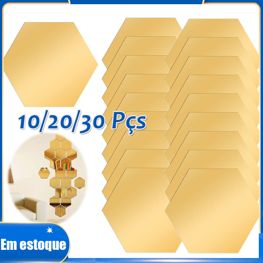Kit 10/20/30pçs Espelhos Círculos Acrílico Ouro Hexágono Decorativo Adesivo para Parede Maquiagem Banheiro Moda 15x13cm