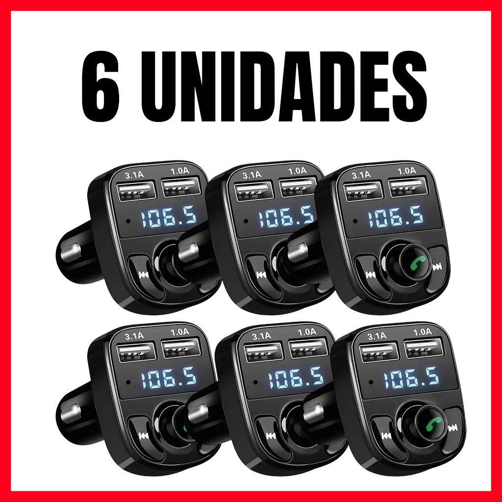 Kit 6 Adaptador Bluetooth Transmissor FM Carregador Veicular Com Entrada Para Pen Drive Compatível com Android e IOS x8