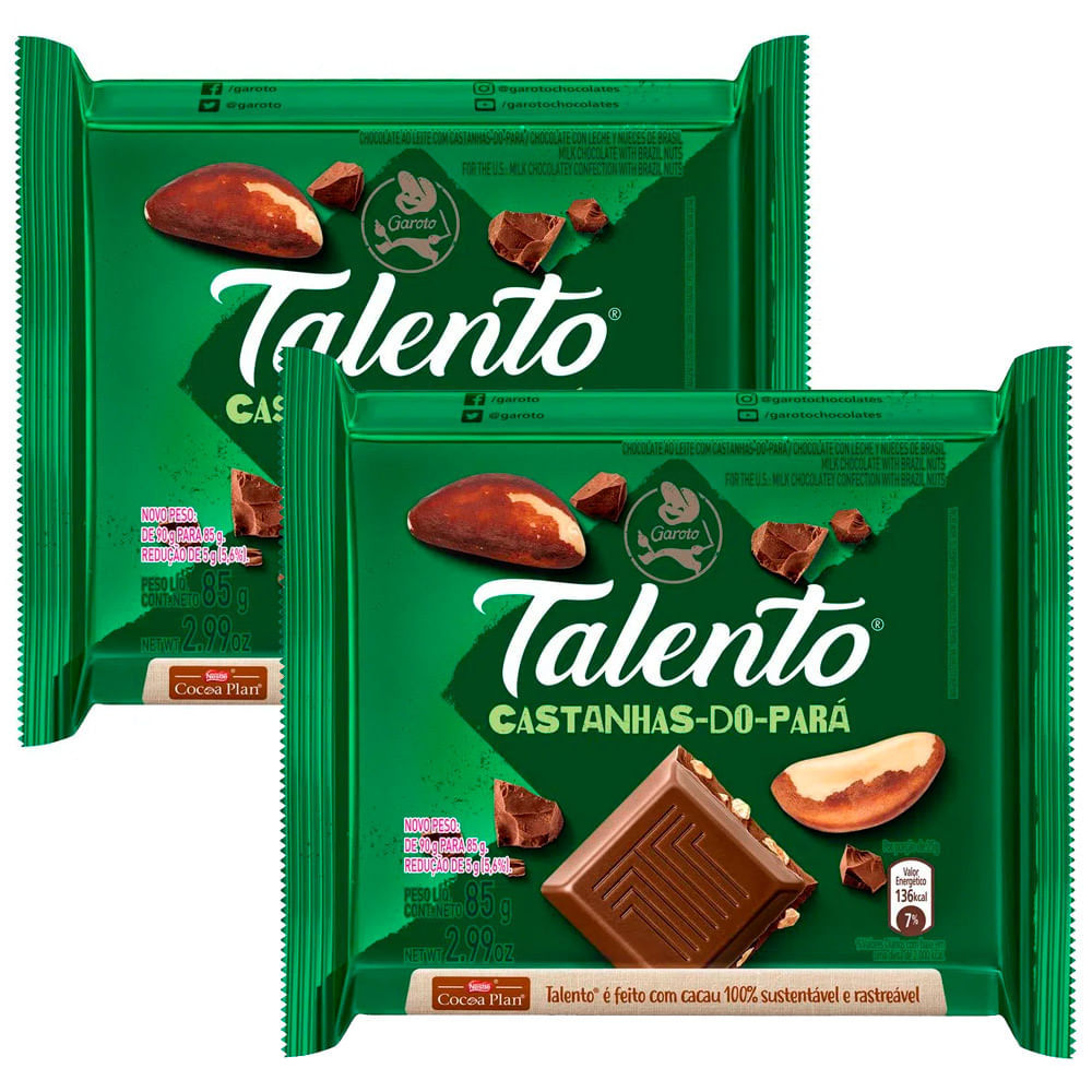 Kit 2 Chocolate Garoto Talento ao Leite com Castanha do Pará 85g em Oferta na Shopee