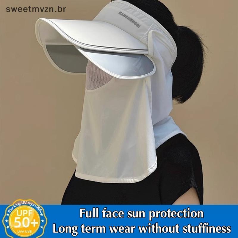 sweetmvzn Malha Boca Capa De Seda Gelo Viseira Boné Cor Sólida Aba Larga Pára-Sol Xale Fibras Acrílicas Finas Anti-UV De