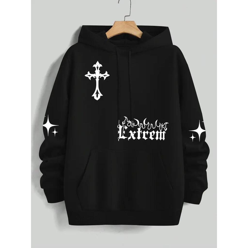 Blusa Casaco Moletom Frio Canguru Bolso Capuz Streetwear Casual feminino Unissex Estampa Extrem Fogo Cruz Estrelas moda