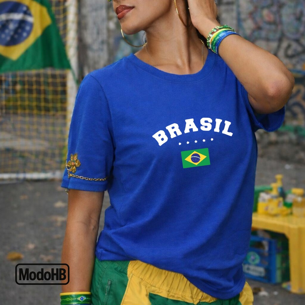 Camiseta Brasil Blusa Feminina Camisa Azul Brasil Core Bandeira Copa do Mundo 100% Algodão