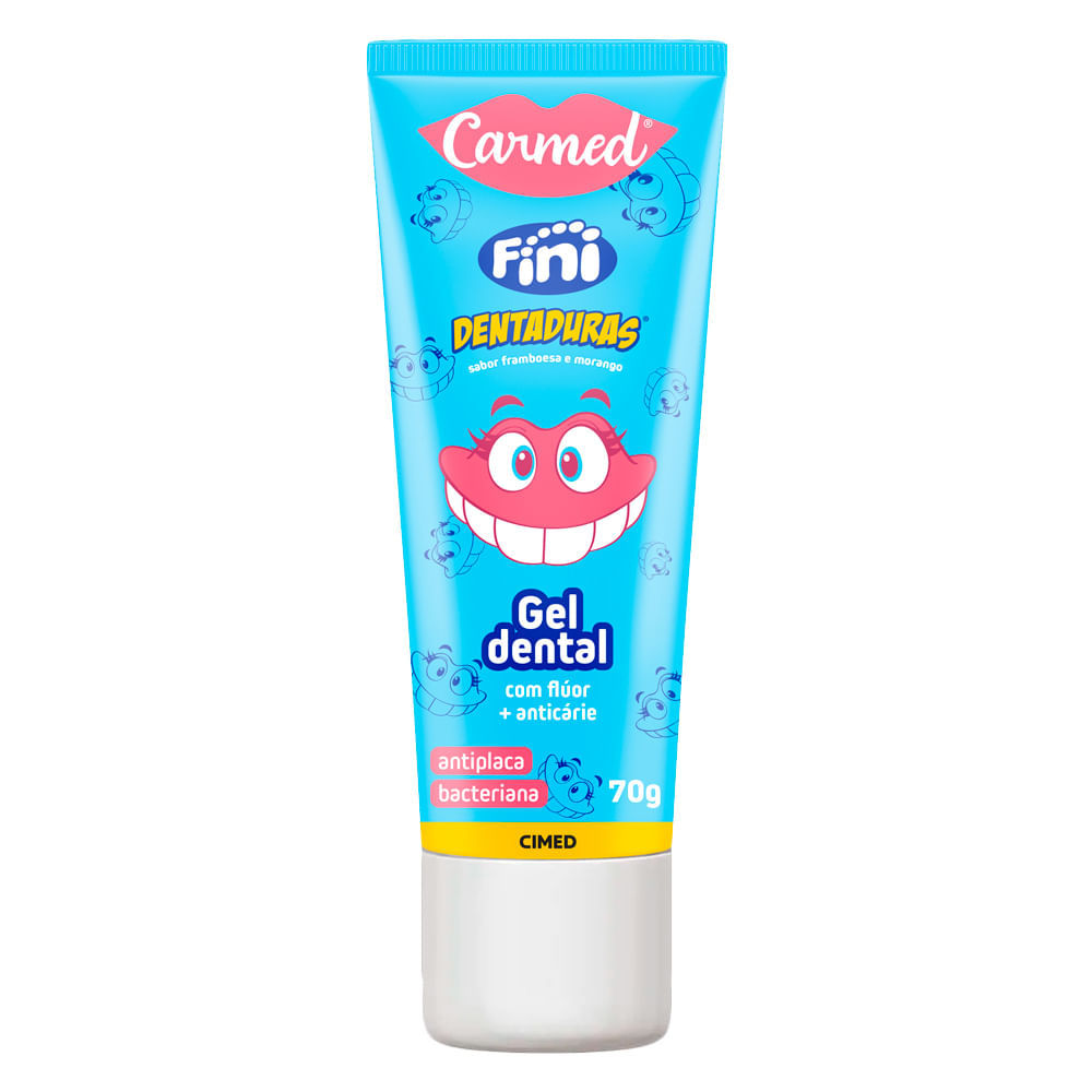 Gel Dental Carmed Fini Dentaduras Sabor Framboesa e Morango com Flúor e Anticárie 70g em Oferta na Shopee