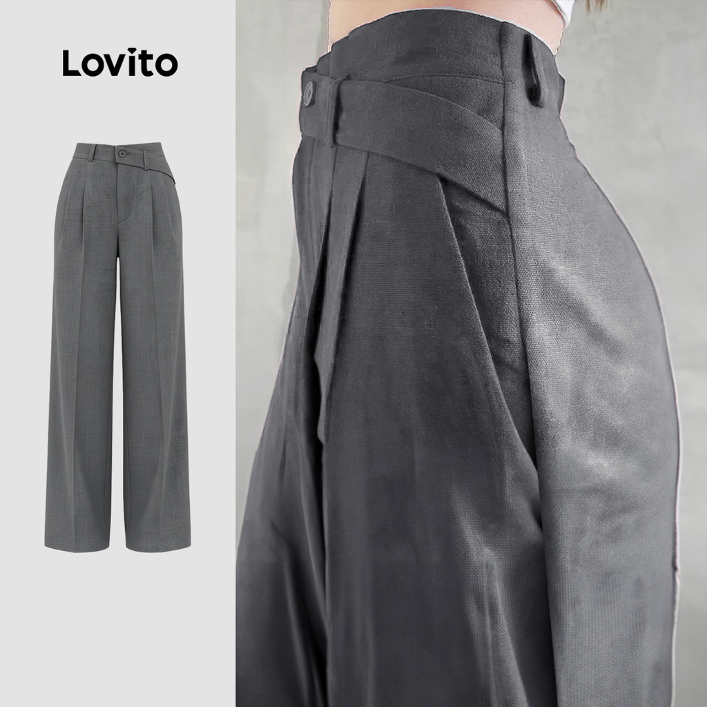 (NEW) Lovito Calça Casual Botão Pregueada Zíper Primavera/verão Cinza Calça Feminina LK4AD226