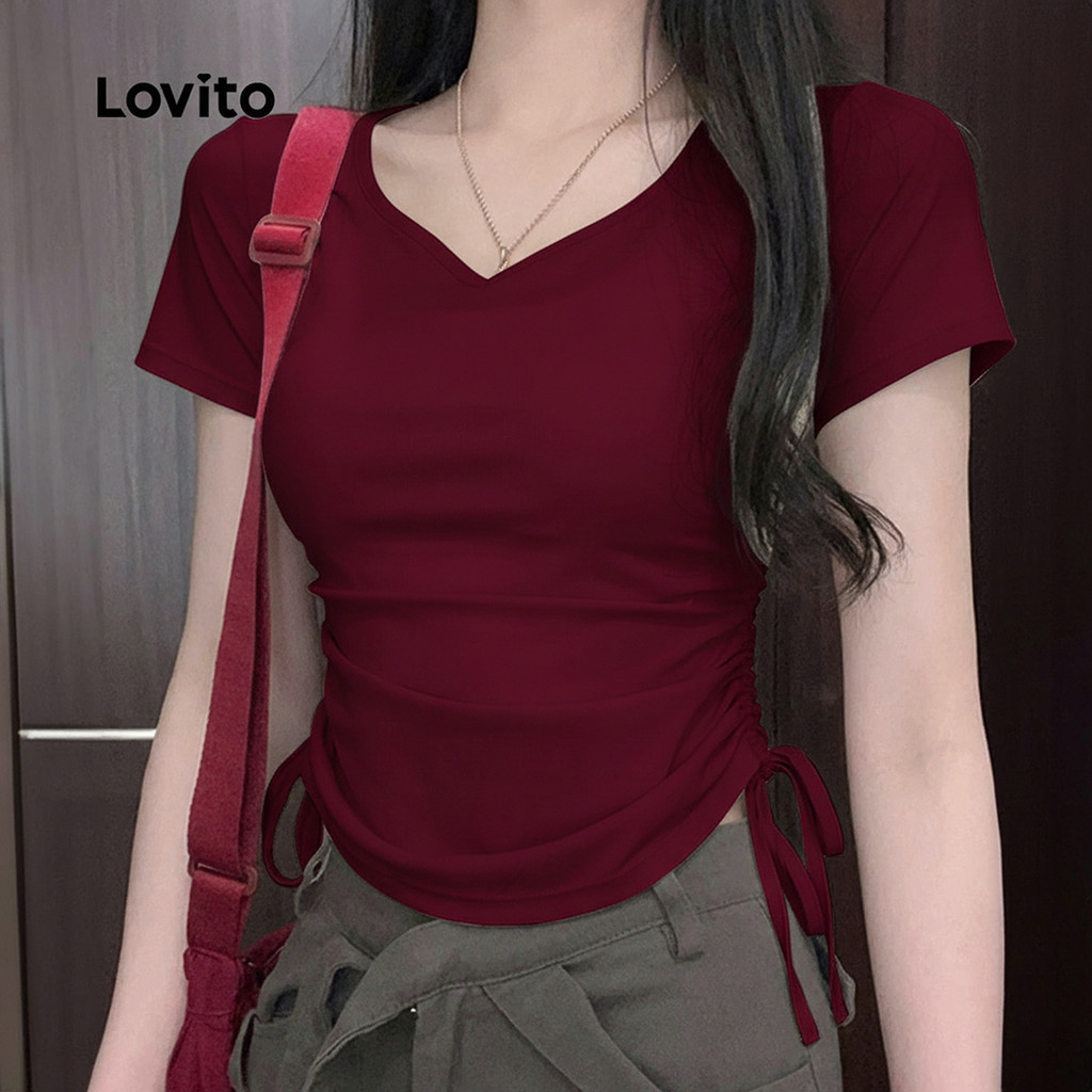 Lovito Casual Camiseta Ajuste Justo Primavera/verão com Renda para Mulheres Cor Damasco Bordado LK2EDD057