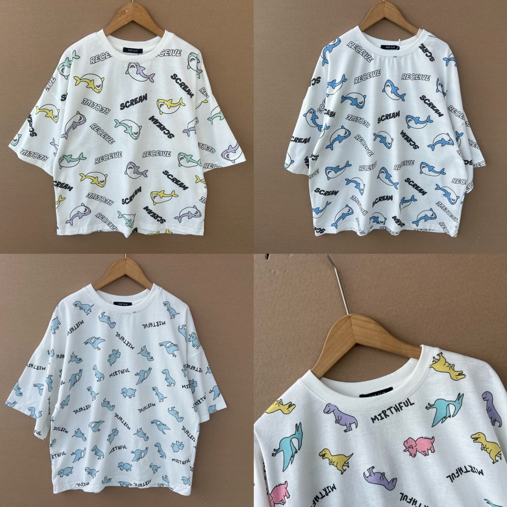 2J1-16 verão dos desenhos animados tubarão dinossauro camiseta de manga curta mais magro olhar confortável solto em torn