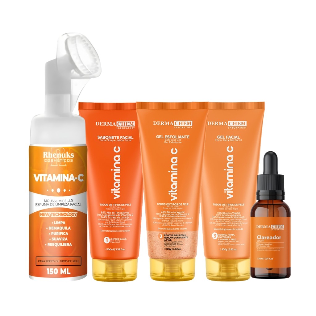 Kit Skin Care  Todos os Tipos de Pele Clareador Completo Mousse Sérum Sabonete Esfoliante e Gel Vitamina C