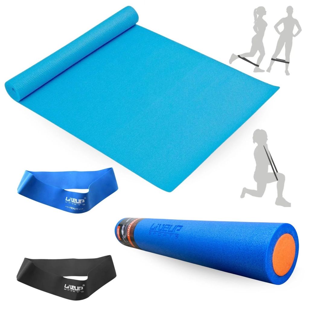 Kit Rolo 90cm para Exercícios + Colchonete Azul + 2 Mini Band Elástico Tensão Forte + Extra Forte