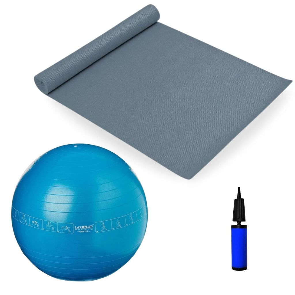 Kit Bola Suiça 65cm Ilustrada + Mini Bomba + Colchonete Eva Cinza Exercícios Físicos