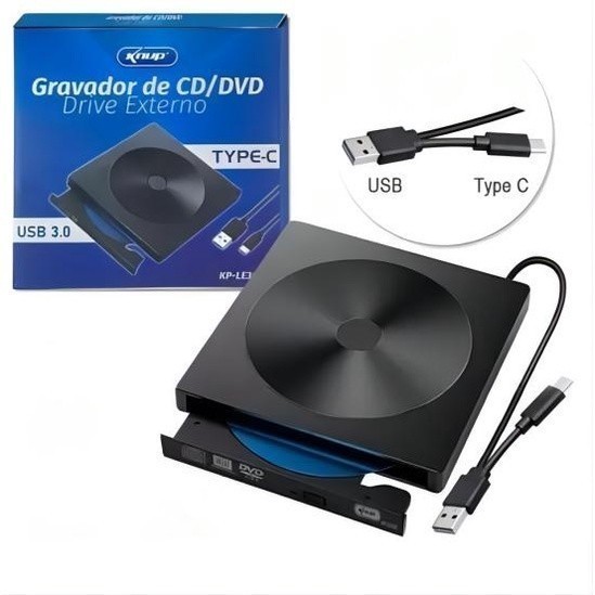 Gravador e Leitor de CD / DVD Externo USB 3.0 Knup USB / Tipo-C KP-LE303