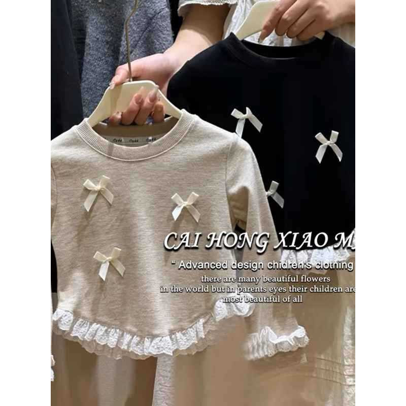 Feminino. crianças versão coreana camiseta de manga comprida primavera outono novo estilo renda camisa de fundo menina m