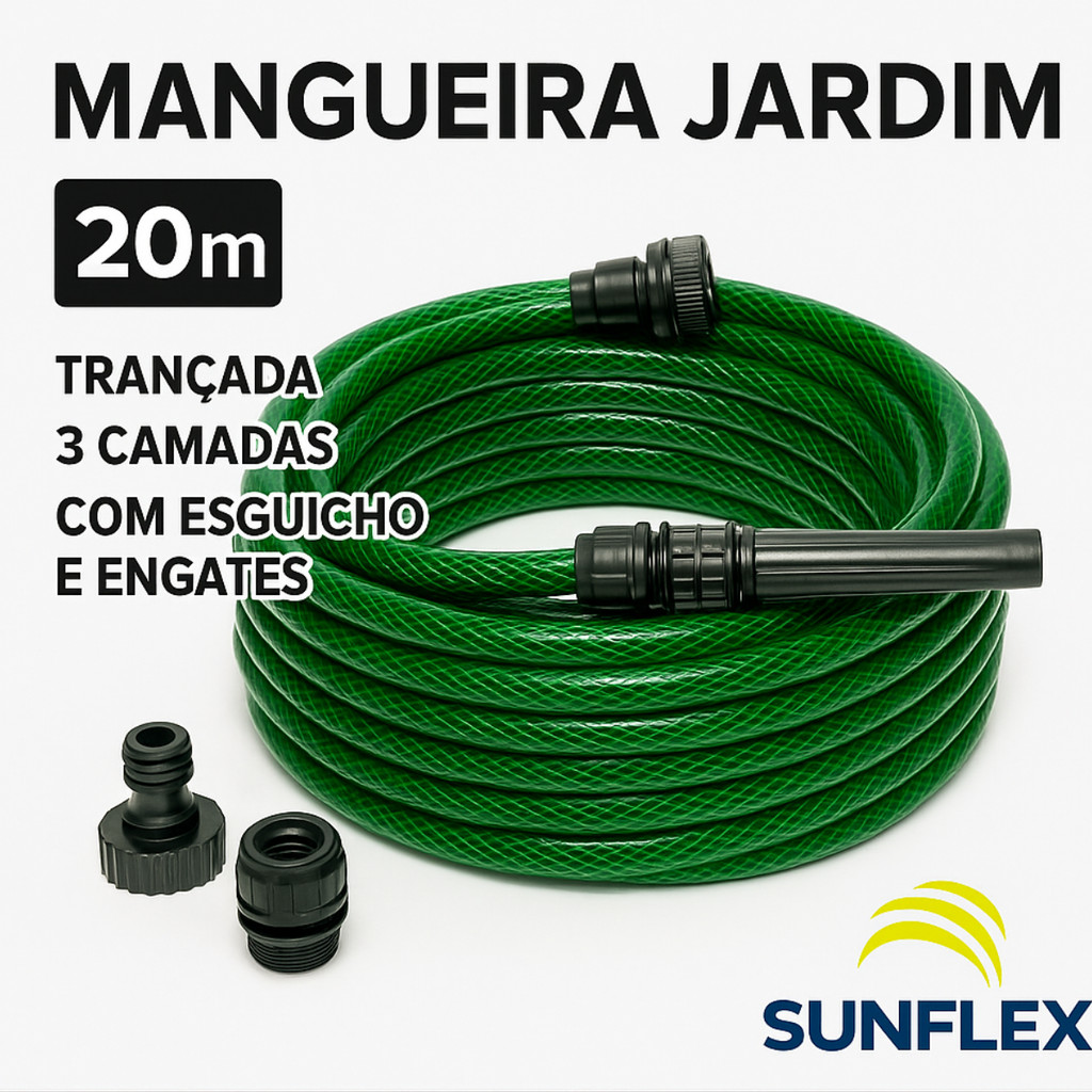 Mangueira Jardim 20 Metros 1/2 Sunflex Trançada com Esguicho Engates e Adaptador Torneira
