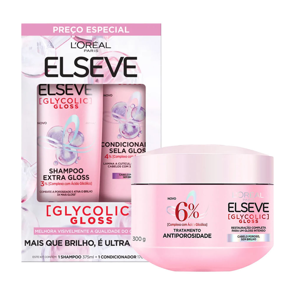 Kit Elseve Kit Shampoo 375ml + Condicionador 170ml e Creme De Tratamento Glycolic Gloss 300g em Oferta na Shopee