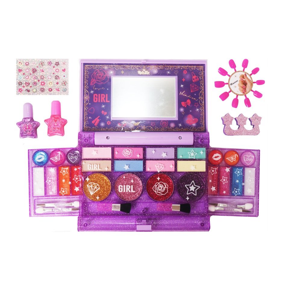 Kit Estojo de Maquiagem Infantil com Espelho – Esmalte, Brilho Labial, Unhas Postiças e Acessórios | Multicolorido | Apr