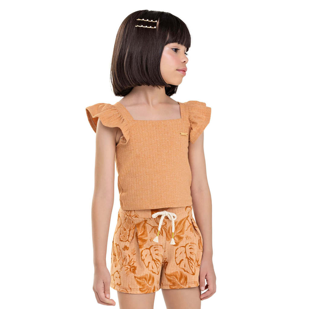 Conjunto Infantil Menina Canelado Folhas Colorittá Marrom