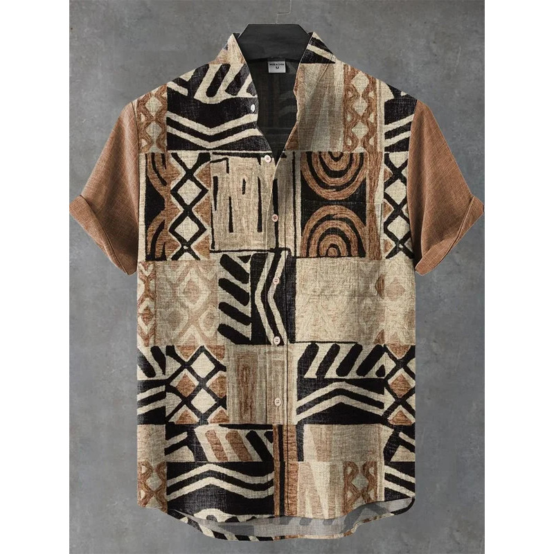 2025 Vintage Estilo Africano Masculino Retro Étnico Tribal Camisa De Manga Curta Topos Moda Casual Férias Streetwear Mas