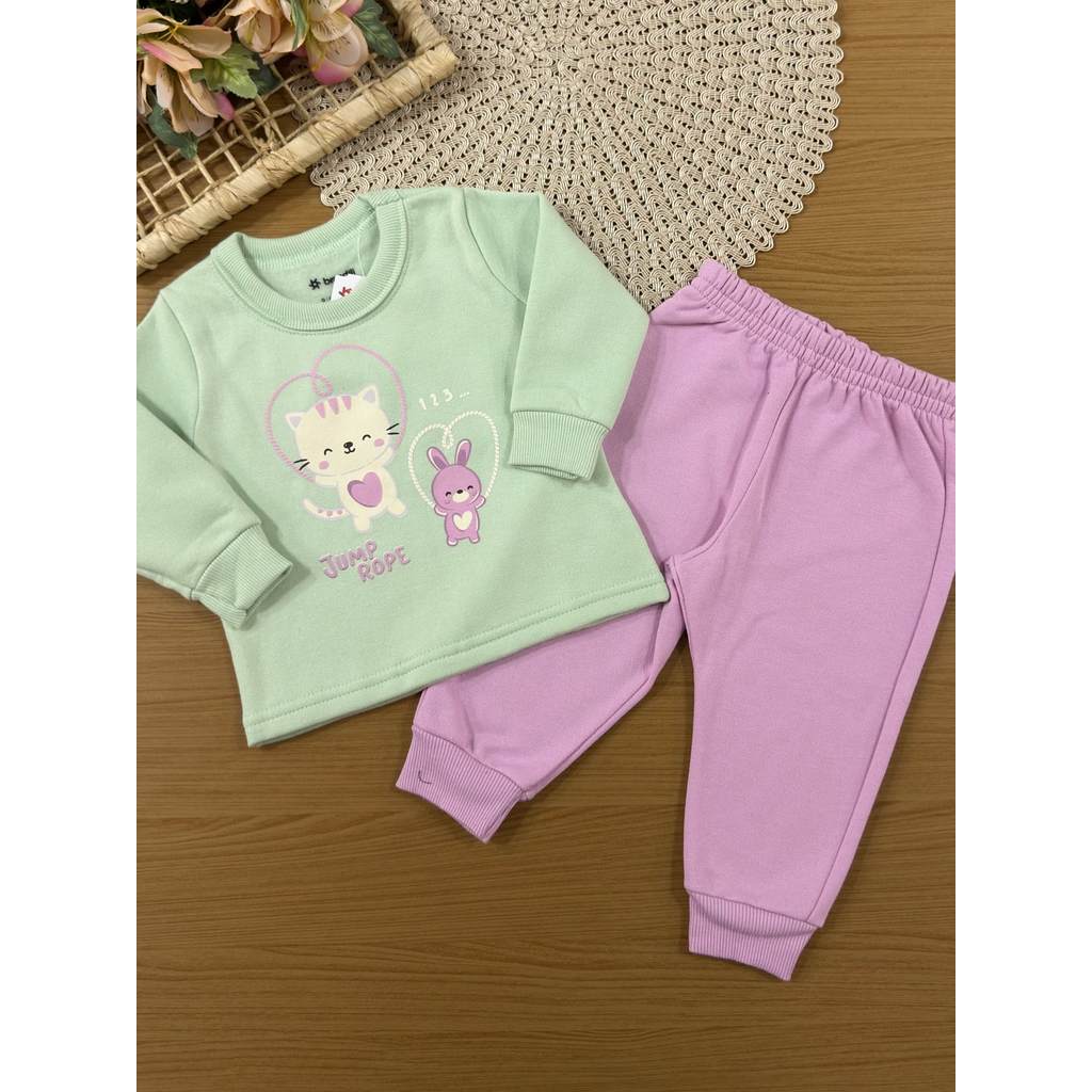 Conjunto Infantil Menina Brandili Inverno com Calça e Moletom Flanelado Verde Gatinha Coração