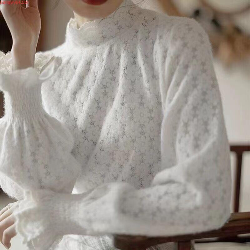 Velo-velo meia gola alta renda cseta de fundo feminino outono inverno moda interior elegante csa pequena