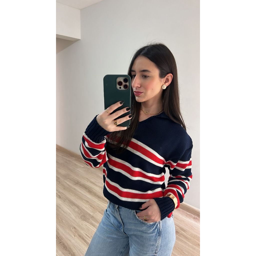 Blusa Feminina Gola Polo Listras Tricot Inverno em Oferta na Shopee