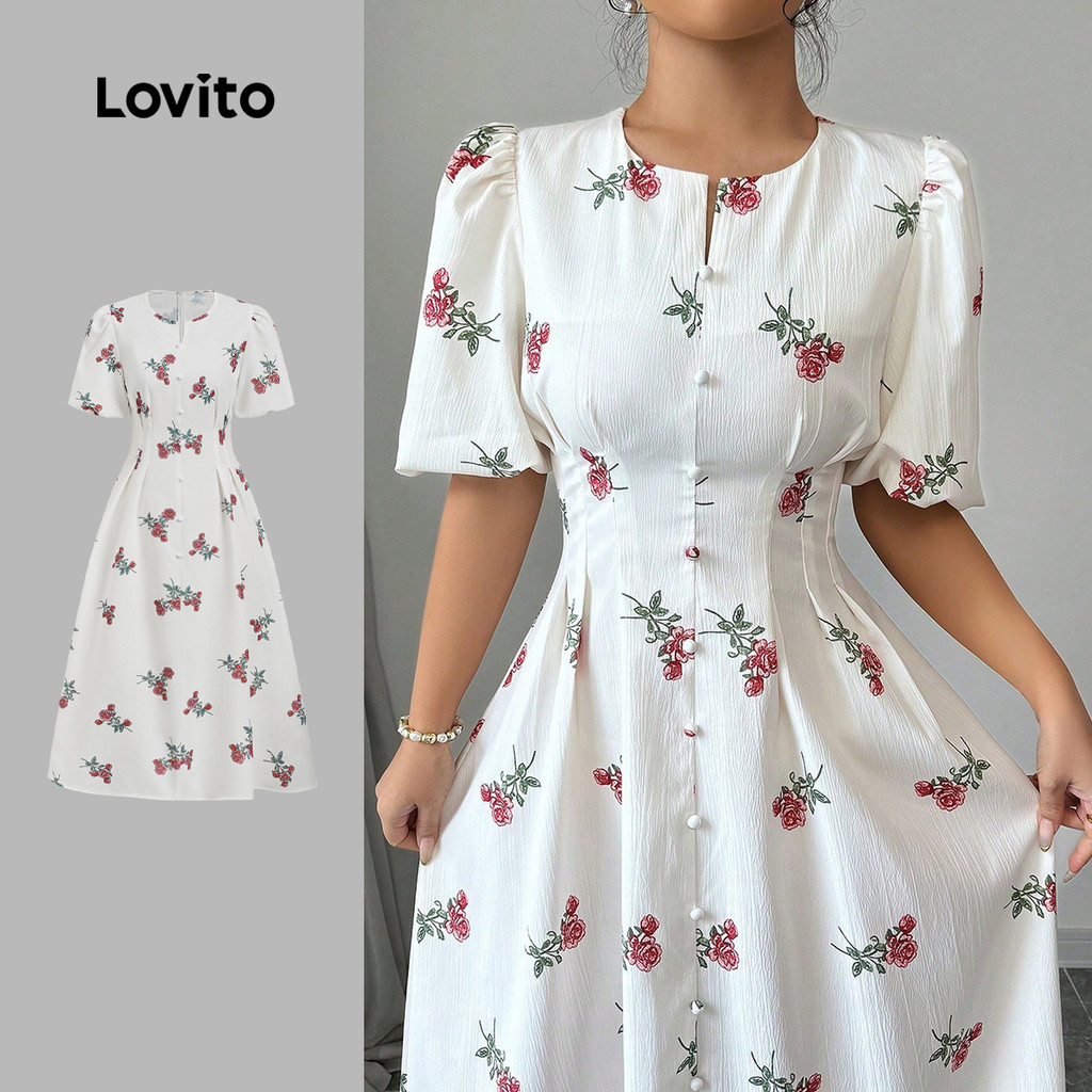 Lovito  Vestido Casual com Botões Linha Estrutural Primavera/verão para Mulheres LBL33044 em Oferta na Shopee