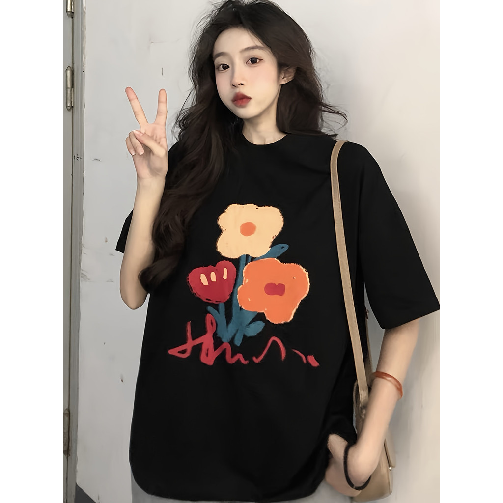 Camiseta Feminina Y2K Estampa Floral Oversized Maximalista Confortavel Estilosa Divertida Moda Casual