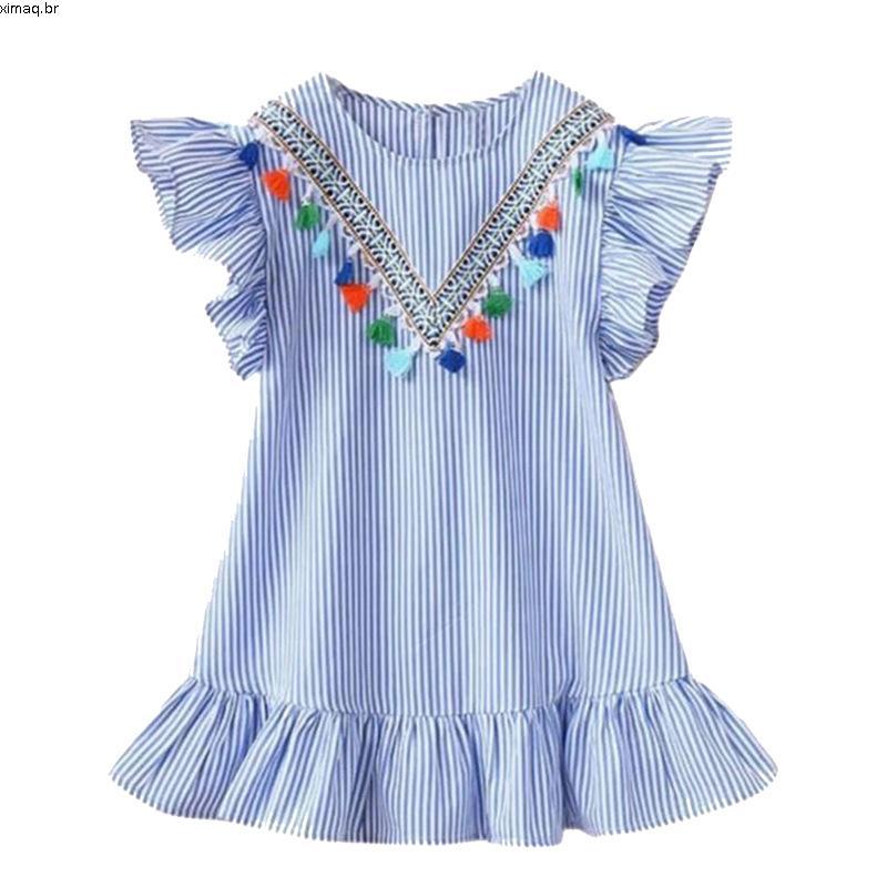 Vestido Infantil Azul Claro Listrado Invertido Manga Com Babado Festas Aniversário Luxo