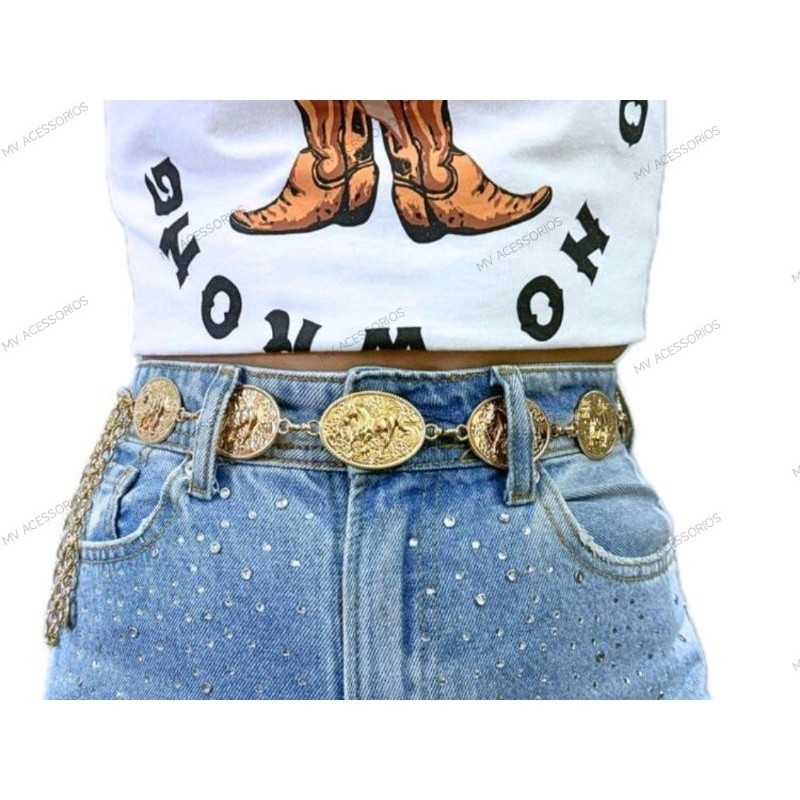 Cinto de Corrente Country feminino ajustável prata e dourado moedas com Cavalo