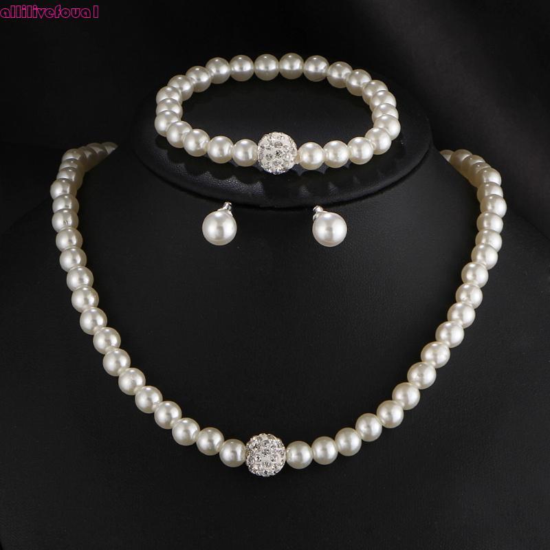 allilivefoua1 Conjunto Joias Casamento Da Strass Colar Pérolas Falsas Pulseira Brinco