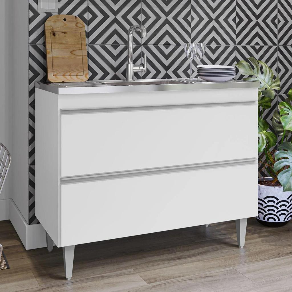 Balcão de Cozinha com Pia Inox 100cm Julia Z34 Branco       - Mpozenato