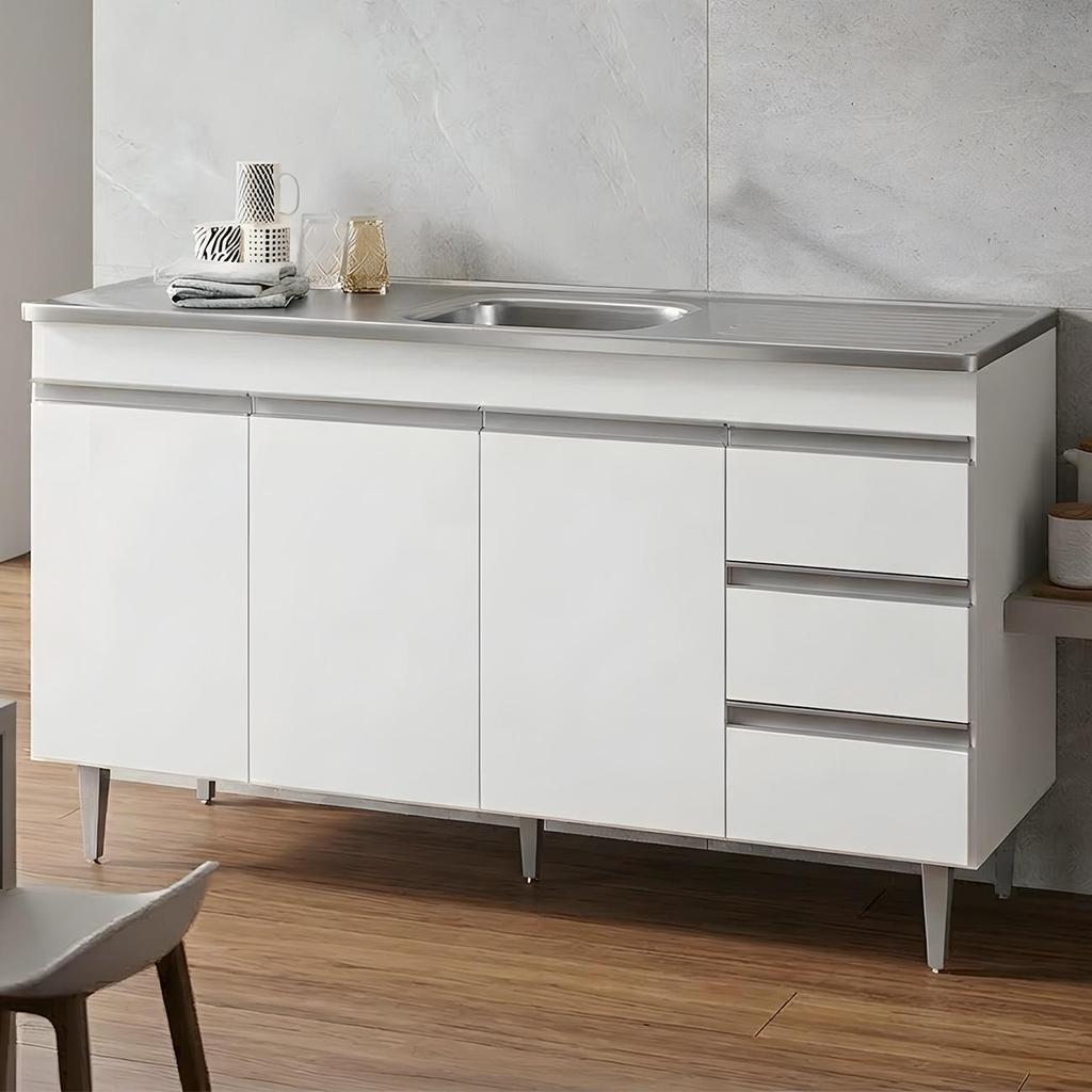 Balcão Gabinete com Pia Inox 150cm 3 Portas 3 Gavetas Andréia Branco - AJL Móveis