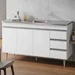 Balcão Gabinete com Pia Inox 150cm 3 Portas 3 Gavetas Andréia Branco - AJL Móveis