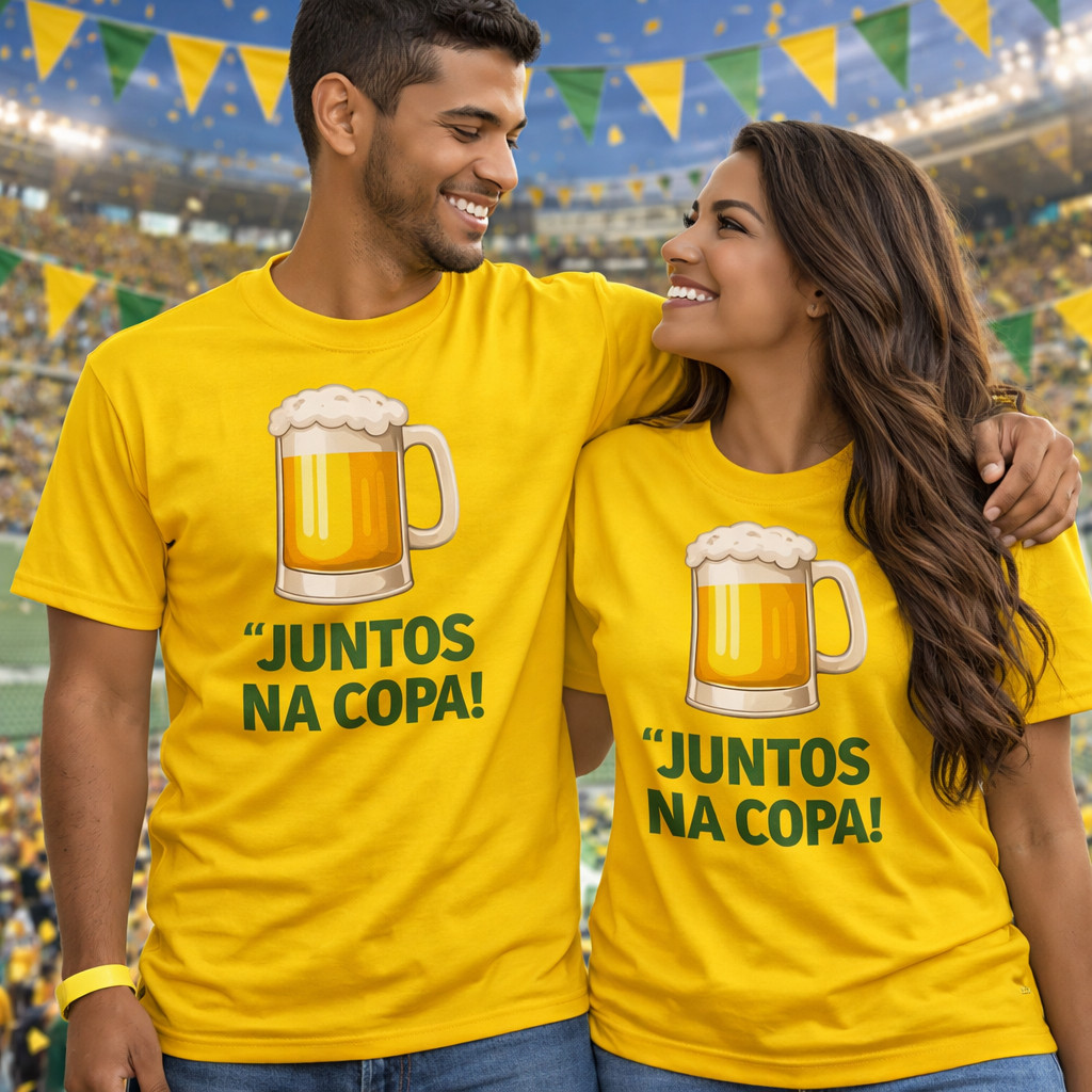 Kit 2 Camiseta Camisa Casal Brazil Frase Criativa Juntos na Copa Brasil Tendência Oferta