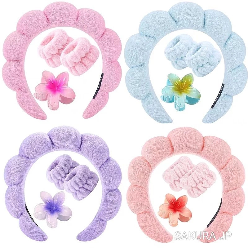 KIT 4 PCS Acessórios de Skincare Spa Feminino - Tiara Nuvem, Faixa de Pulso, Presilha de Flor