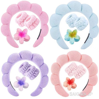 KIT 4 PCS Acessórios de Skincare Spa Feminino - Tiara Nuvem, Faixa de Pulso, Presilha de Flor