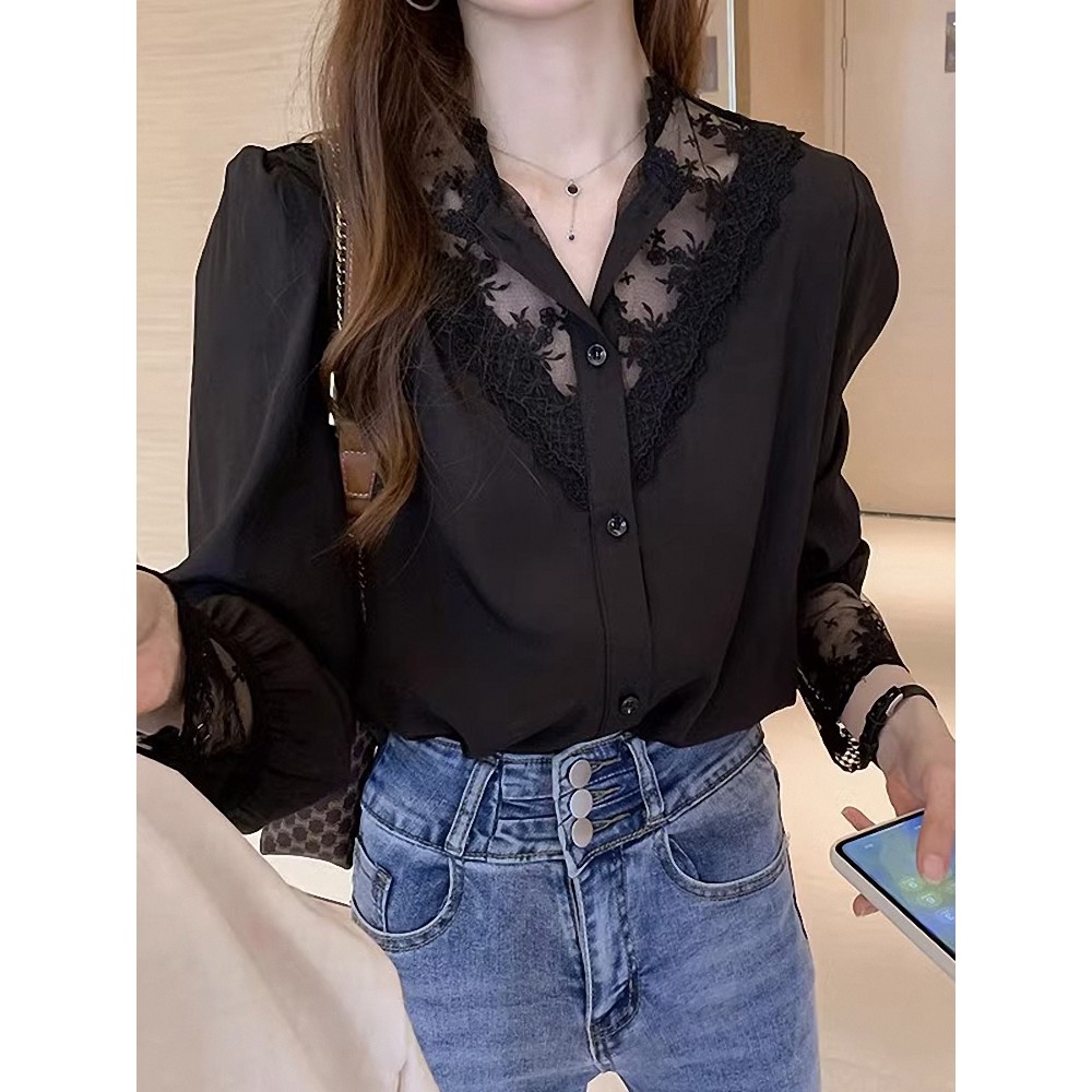 Primavera roupas femininas lote novo estilo cabelo de manga comprida renda camisa de fundo estilo ocidental solto tamanh
