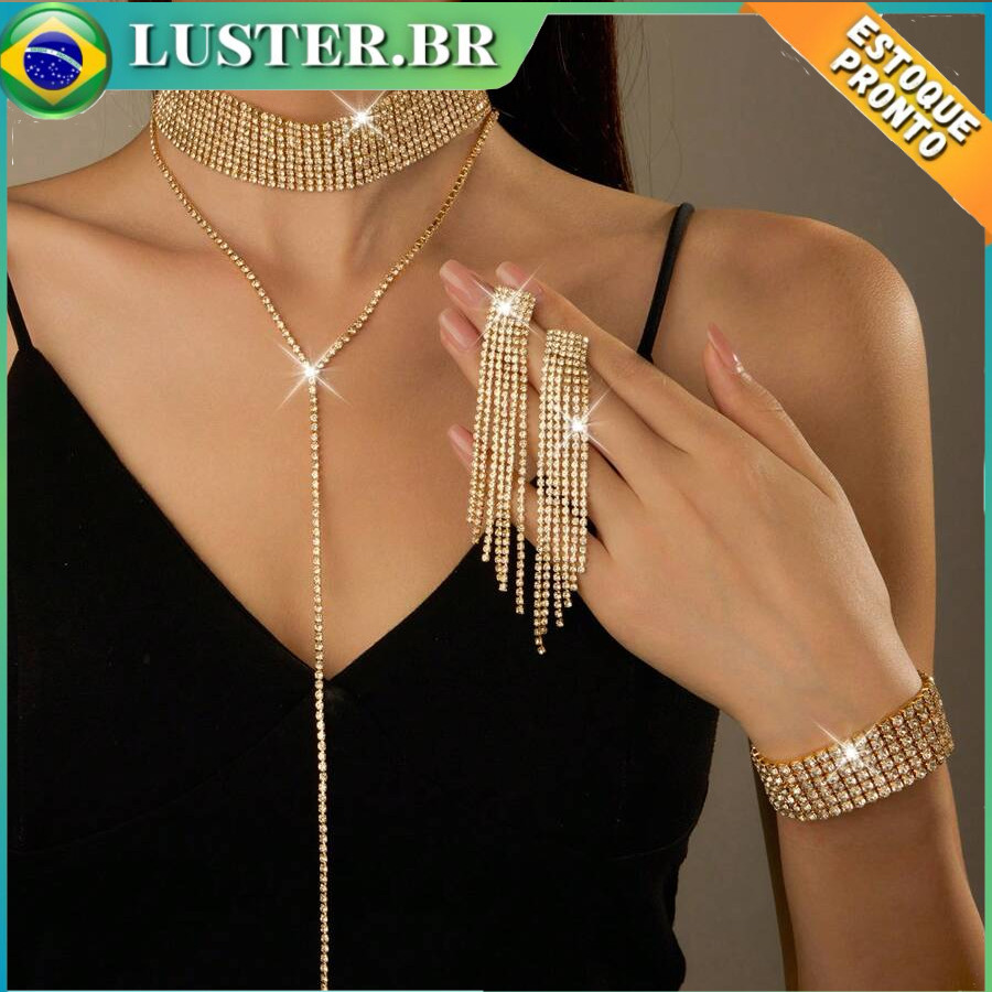 Conjunto 3 Peças Bijuteria Feminina ,Colar Y Multicolorido, Brincos e Pulseira,Com Cristais & Pingente Lábio Strass em Oferta na Shopee