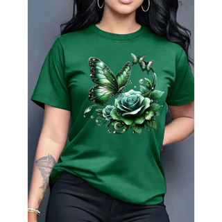 CAMISETA FEMININA ALGODÃO PREMIUM CASUAL E ELEGANTE BORBOLETA FLORAL