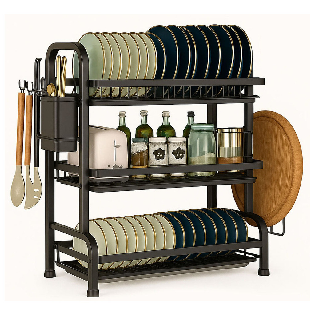 Rack de Pratos 3 Andares Organizador de Cozinha com Suporte para Tampo e Utensílios Preto em Oferta na Shopee