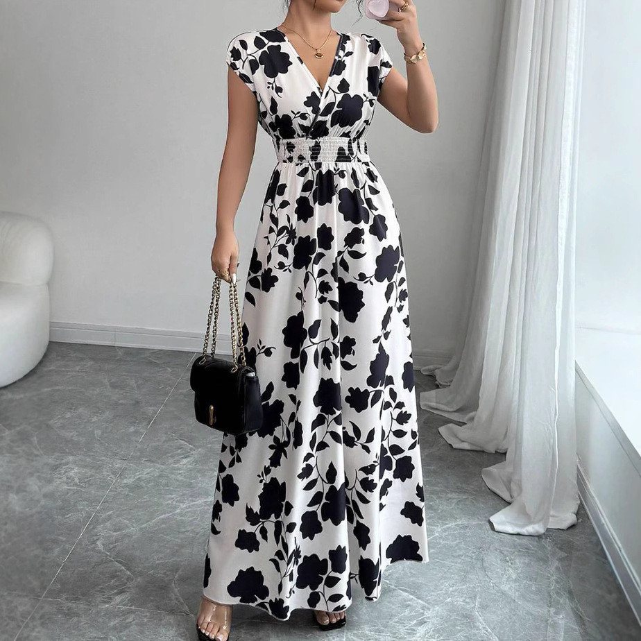 vestido feminino vestido longo feminino roupa feminina renda de manga curta com decote em v saia verão cintura estreita