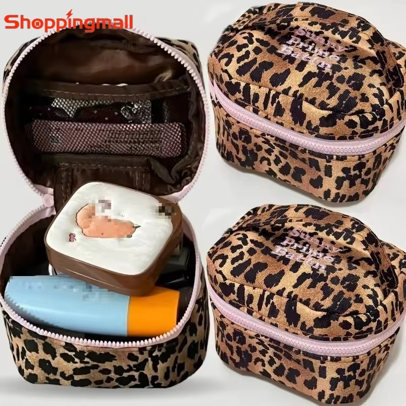 Bolsa De Maquiagem Com Padrão De Leopardo Zíper Rosa Doce-Recipiente De Armazenamento De Produtos De Higiene Pessoal Qua