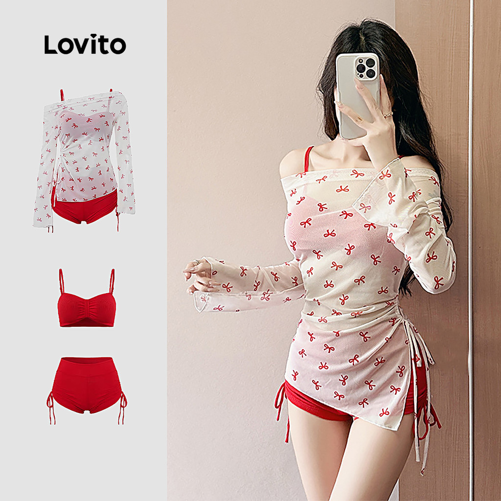 Lovito Conjuntos de Biquíni Boho Conjuntos de 3 Peças Cordão Primavera/verão Biquíni Vermelho LNE130X004 em Oferta na Shopee