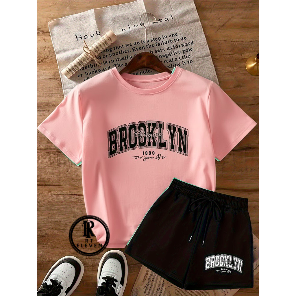 Conjunto Feminino Brooklyn camiseta Malha Algodão Short moletom com cordão conjunto casual de verão confortável elegante