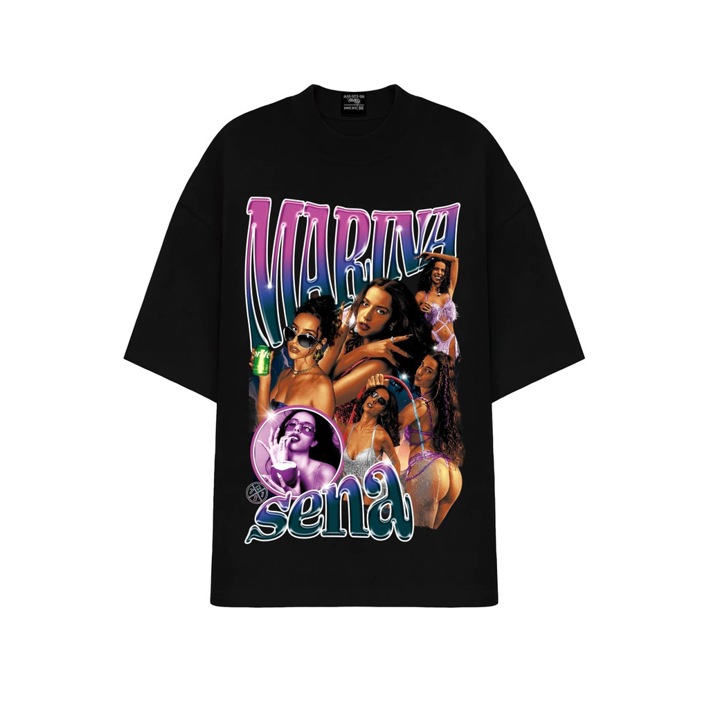 Camiseta Preta De Algodão Unissex Marina Sena Com Estampa Premium Temos Plus Size