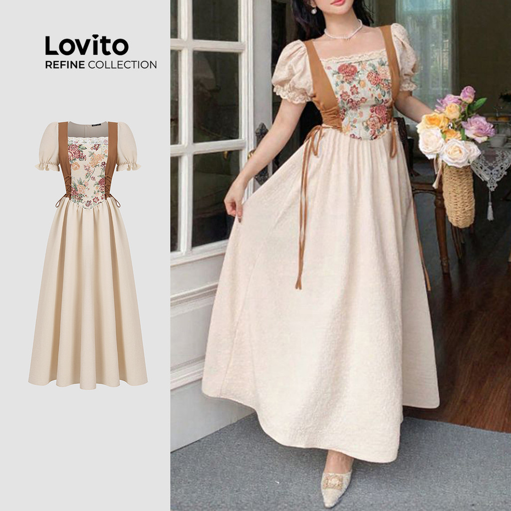 (Lovito Refine)  Vestido Boho Tecido com Alface Zíper Vestido Primavera/verão para Mulheres LR29ED005 em Oferta na Shopee