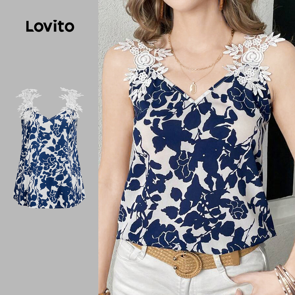 Lovito  Boho Top Lace Primavera/verão Azul Top para mulheres L172ED078 em Oferta na Shopee
