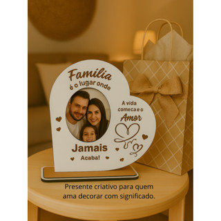 Porta-Retrato Coração em MDF Branco e Cru 13x13cm – Frase Família e Amor Gravada a Laser em Oferta na Shopee