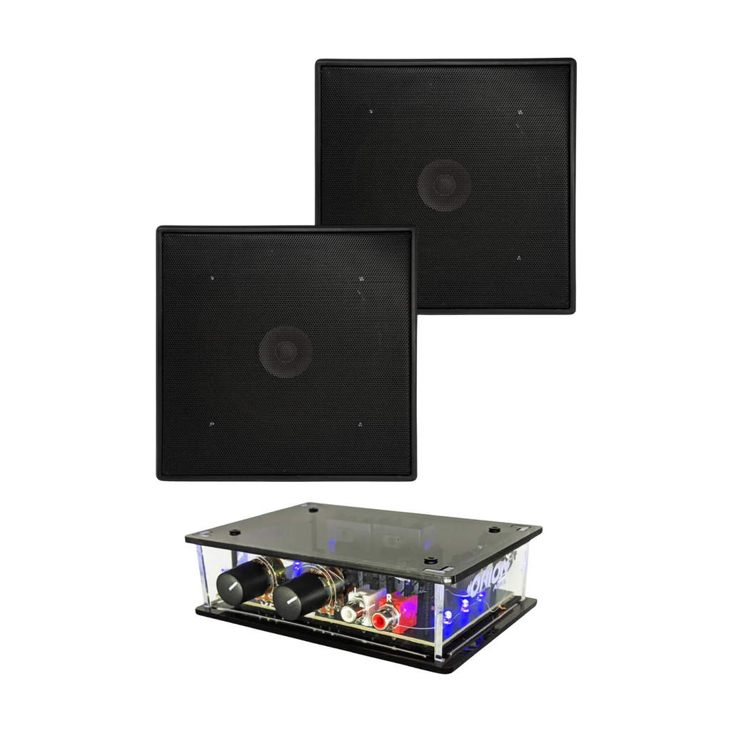 Kit Som Ambiente: 2 Arandelas Quadradas 6" Orion 55W + Mini Amplificador Estéreo