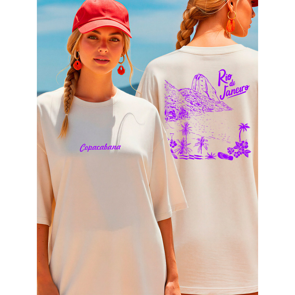 Camiseta Feminina Praia Casual Confortável 100% Algodão Oversized Verão Rio de Janeiro Carnaval Academia