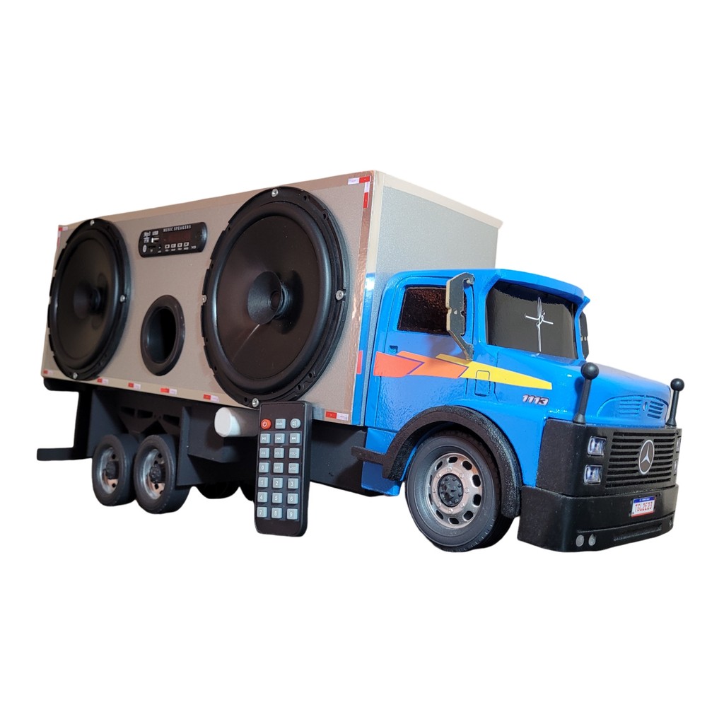 Caminhão 1113 Baú Caixa Som Bluetooth Usb Miniatura Azul Pra